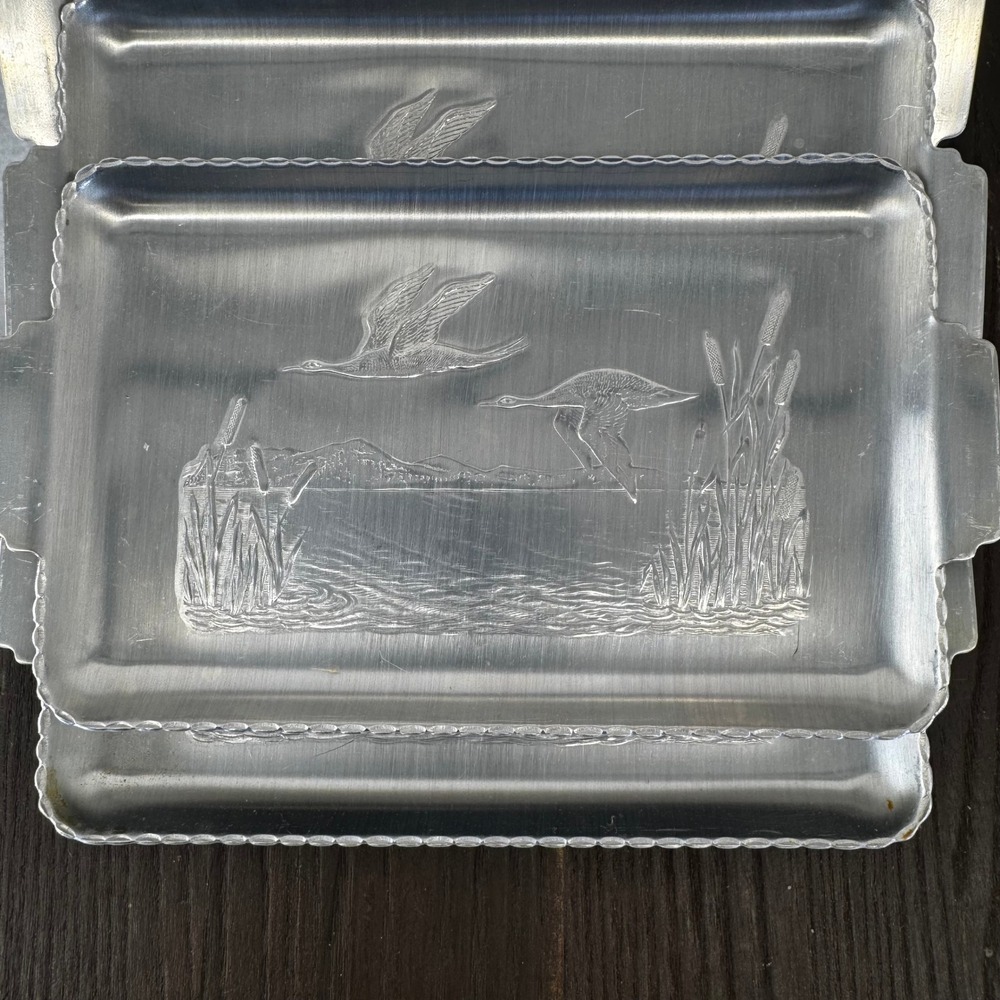 Vtg Janis Aluminum Canape Trays Set of 6 Embossed Ducks Lake Scene Silver